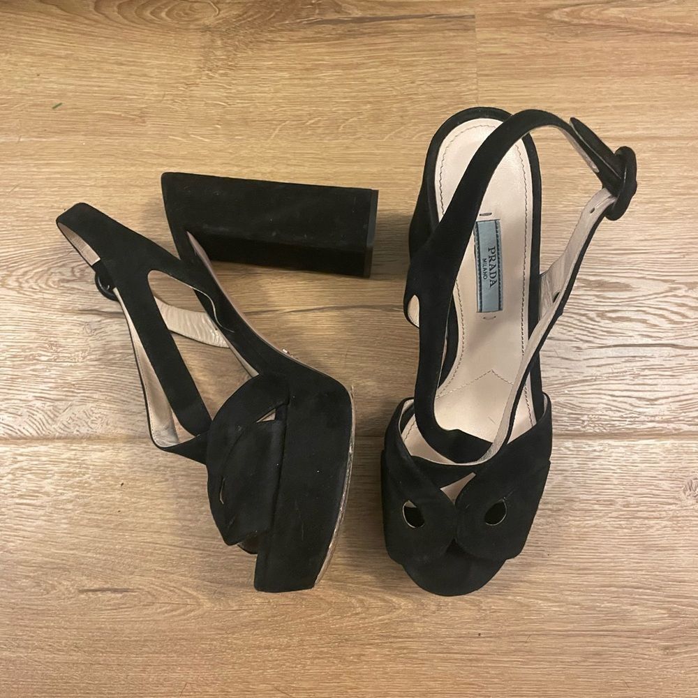Prada Black Suede Platform Slingback Sandals Block Heels Size 39 - Picture 8 of 12